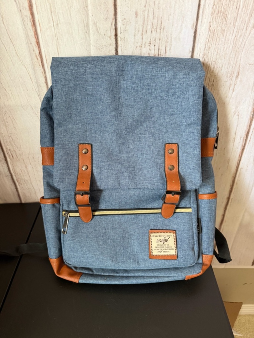 Wenjie Blue Canvas Laptop Backpack with Faux Leather Straps